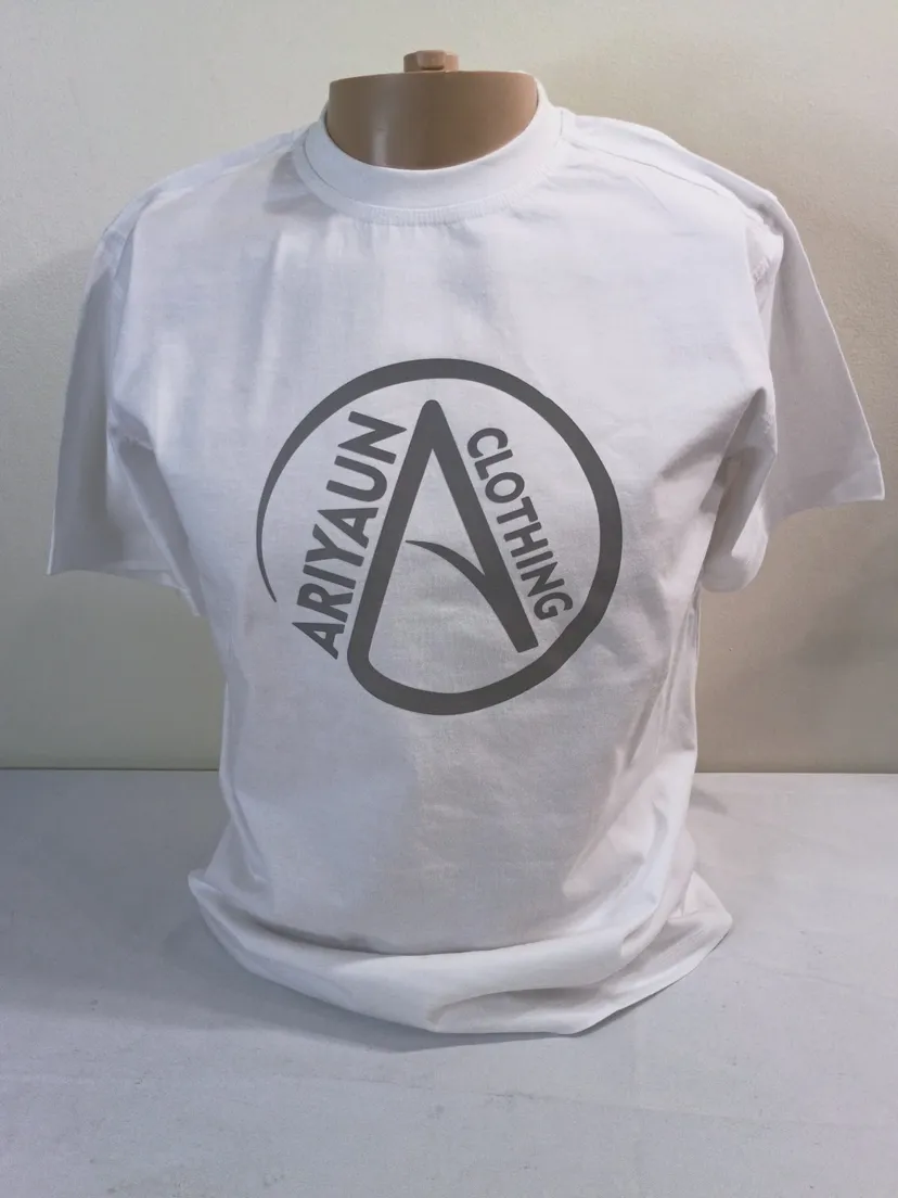 White tee with a big gray Ariyaun Clothing circle logo printed across the chest, on a mannequin